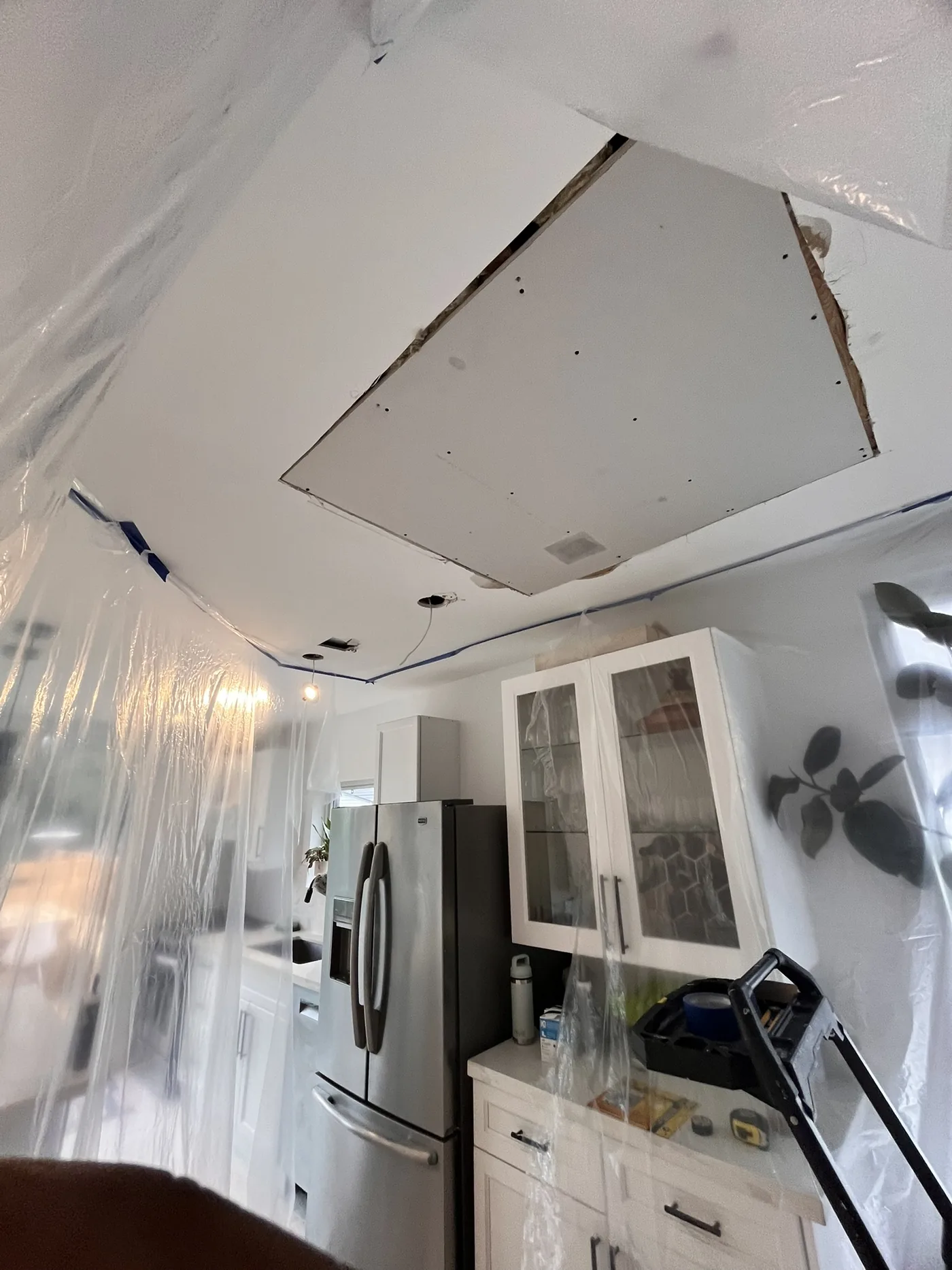 Large kitchen ceiling drywall patch installed